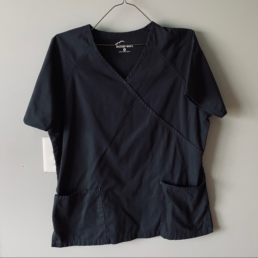 Buttersoft black cross front scrub top